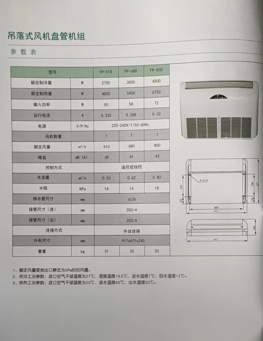 吊落式风机盘管，坐吊式空调器，生产厂家参数/规格(图1)